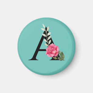 Monogram Initial Letter A in White Pink Rose Magnet