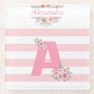 Monogram Initial Letter A Pretty Pink  Letter A   Glass Coaster