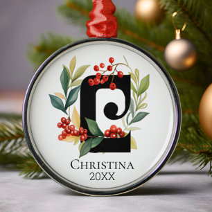 Monogram Initial Letter C Berry Wreath Christmas Metal Tree Decoration