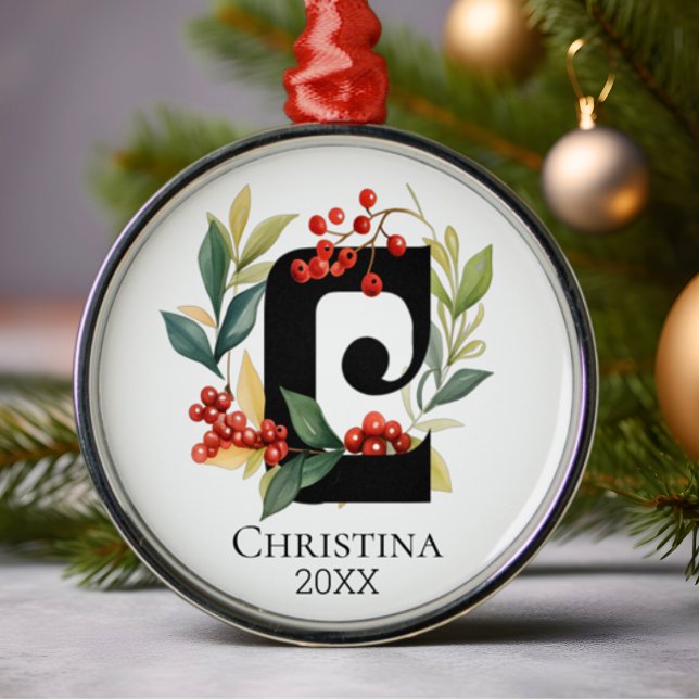 Monogram Initial Letter C Berry Wreath Christmas Metal Tree Decoration (Creator Uploaded)