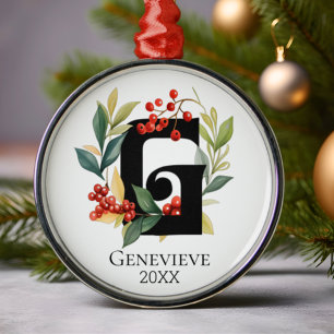 Monogram Initial Letter G Berry Wreath Christmas Metal Tree Decoration