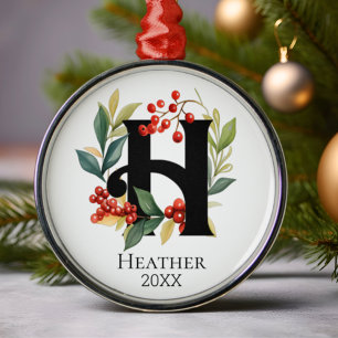 Monogram Initial Letter H Berry Wreath Christmas Metal Tree Decoration