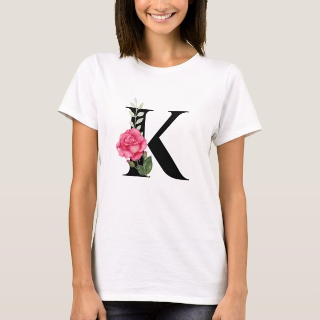 Monogram Initial Letter K in Black with Pink Rose T-Shirt (Front)