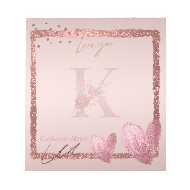 Monogram Initial Letter K Pretty Rose Gold Notepad (Front)
