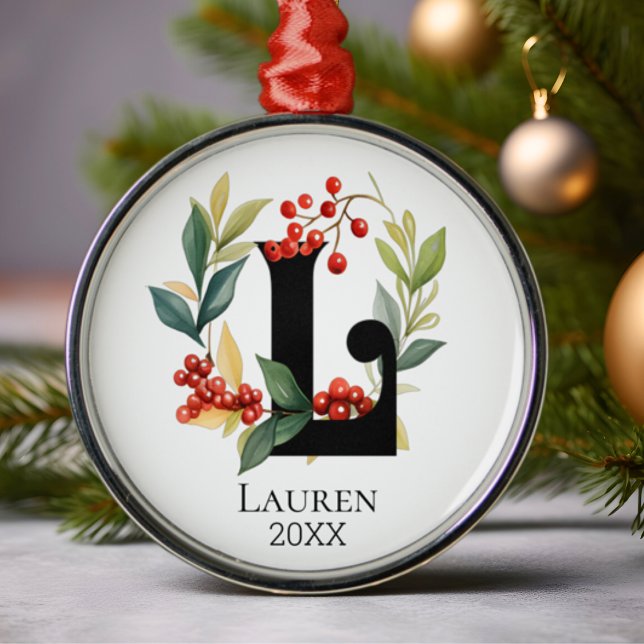 Monogram Initial Letter L Berry Wreath Christmas Metal Tree Decoration (Creator Uploaded)