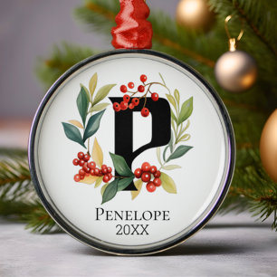 Monogram Initial Letter P Berry Wreath Christmas Metal Tree Decoration