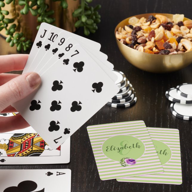Monogram Initial Letter Purple Floral Rose Stripes Playing Cards (In Situ)