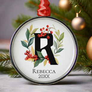 Monogram Initial Letter R Berry Wreath Christmas Metal Tree Decoration