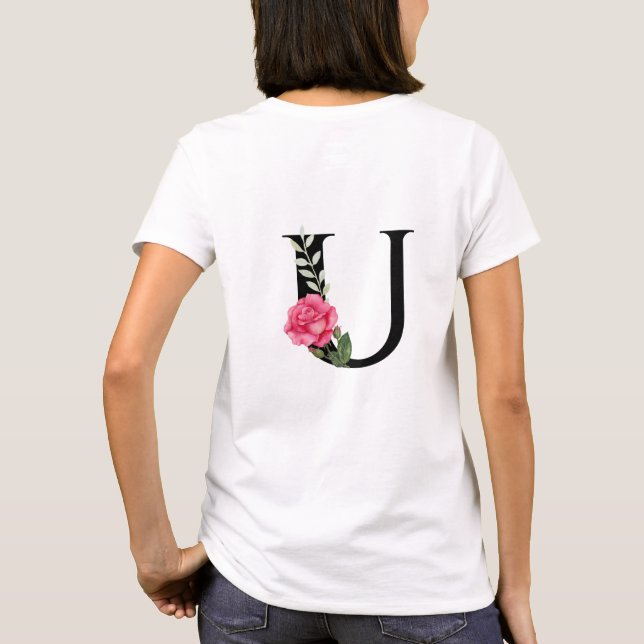 Monogram Initial Letter U in Black with Pink Rose T-Shirt (Back)