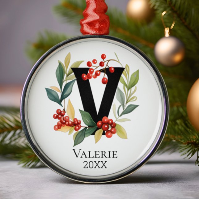 Monogram Initial Letter V Berry Wreath Christmas Metal Tree Decoration (Creator Uploaded)