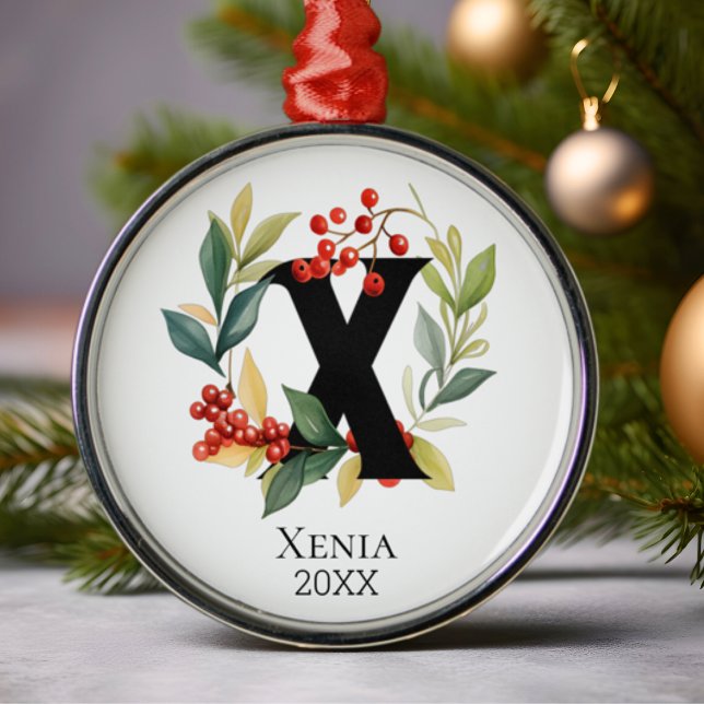 Monogram Initial Letter X Berry Wreath Christmas Metal Tree Decoration (Creator Uploaded)