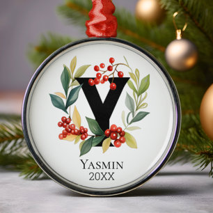 Monogram Initial Letter Y Berry Wreath Christmas Metal Tree Decoration