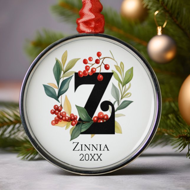 Monogram Initial Letter Z Berry Wreath Christmas Metal Tree Decoration (Creator Uploaded)