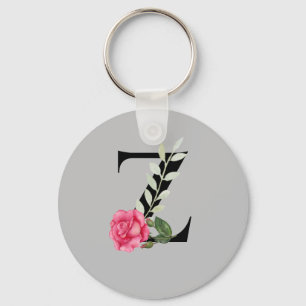 Monogram Initial Letter Z in Black with Pink Rose Key Ring