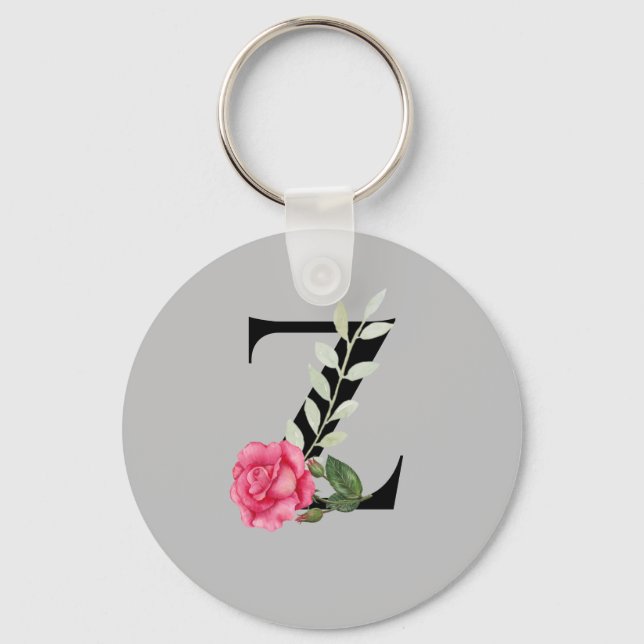 Monogram Initial Letter Z in Black with Pink Rose Key Ring (Front)