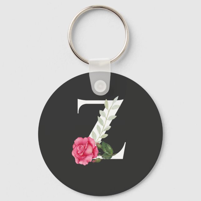Monogram Initial Letter Z in White with Pink Rose Key Ring (Front)