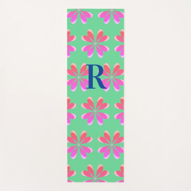 Monogram Initial Lime Green Pink Retro Floral Yoga Mat (Front)