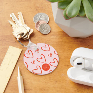 Monogram initial - love hearts pink & red pattern key ring