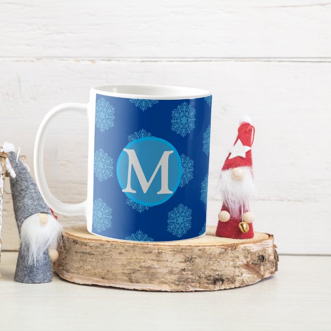 Monogram Initial "M" Blue Snowflakes Coffee Mug (Single "M" Initial Blue Snowflake Coffee Mug)