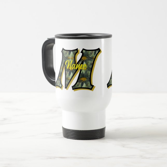 Monogram Initial M Daisies Floral Art Personalised Travel Mug (Front Left)