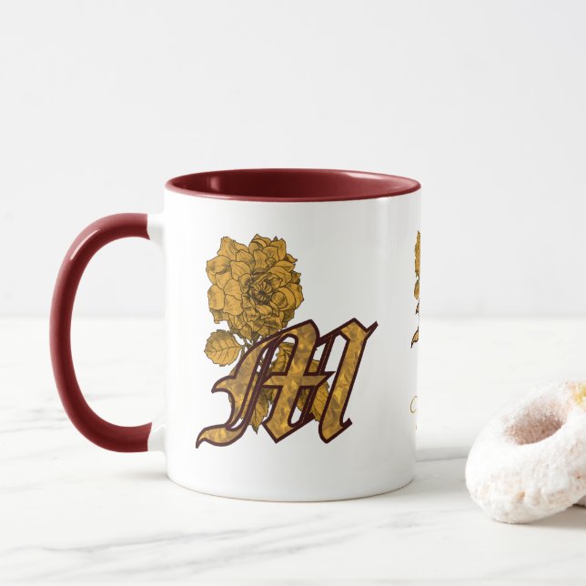 Monogram Initial M Elegant Gold Peony Personalised Mug (With Donut)