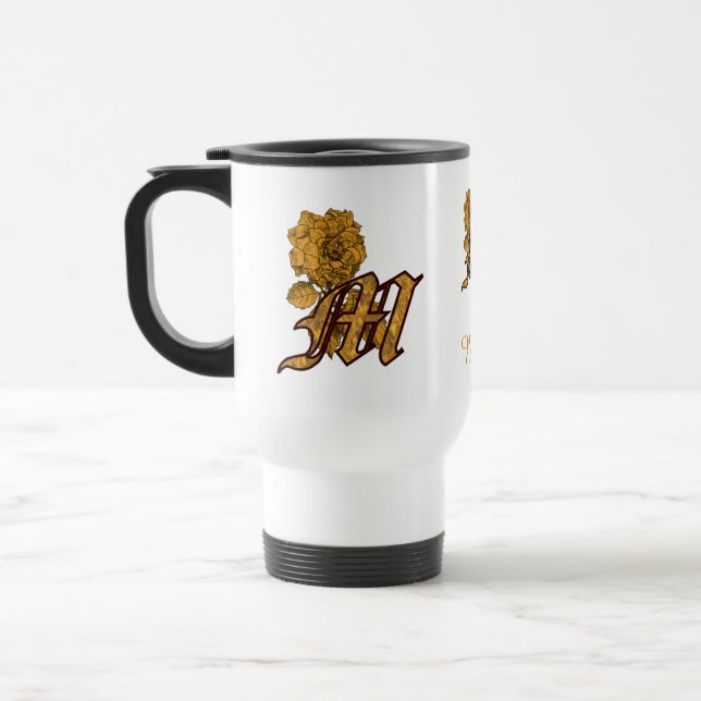 Monogram Initial M Elegant Gold Peony Personalised Travel Mug (Left)