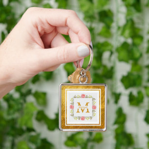 Monogram Initial "M" Floral - Pink Roses & Gold Key Ring