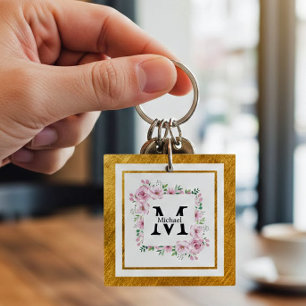 Monogram Initial "M" Floral - Pink Roses & Gold Key Ring