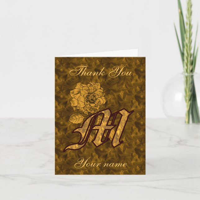 Monogram Initial M Gold Satin Peony Personalised Thank You Card (Front)