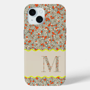 MONOGRAM INITIAL M GREEN AND RED LITTLE FLOWERS iPhone 15 CASE