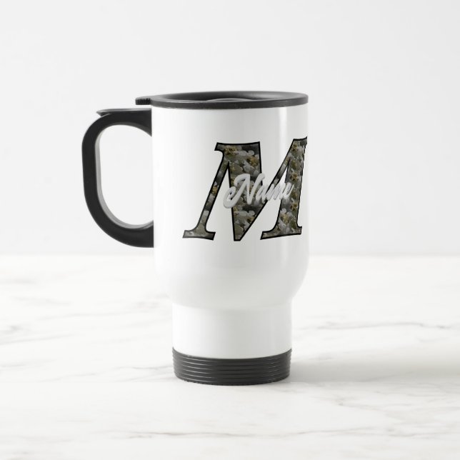 Monogram Initial M Hydrangea Flowers Personalised Travel Mug (Left)