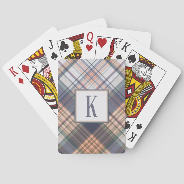 Monogram Initial Masculine Blue Grey Green Plaid Playing Cards (Back)