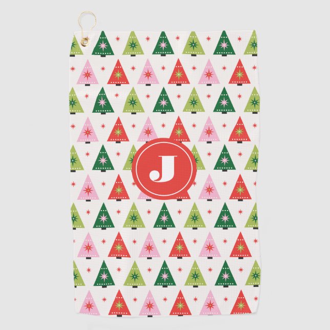 Monogram Initial Merry & Mod Retro Christmas Tree Golf Towel (Front)
