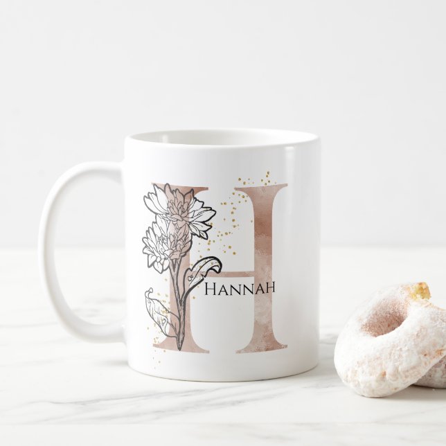 Monogram Initial Modern Letter H Boho Personalised Coffee Mug (With Donut)