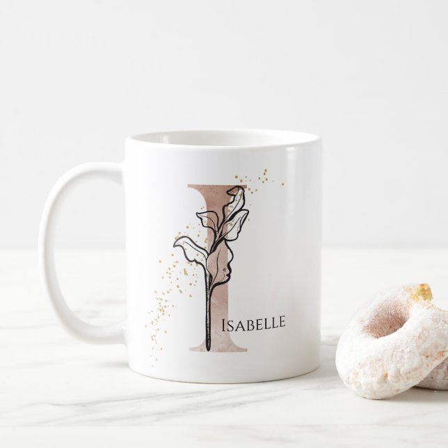 Monogram Initial Modern Letter I Boho Personalised Coffee Mug (With Donut)