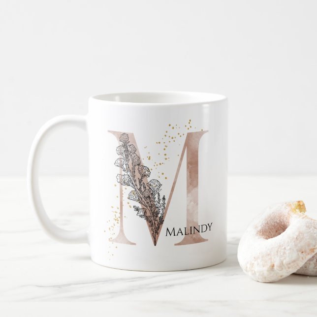 Monogram Initial Modern Letter M Boho Personalised Coffee Mug (With Donut)