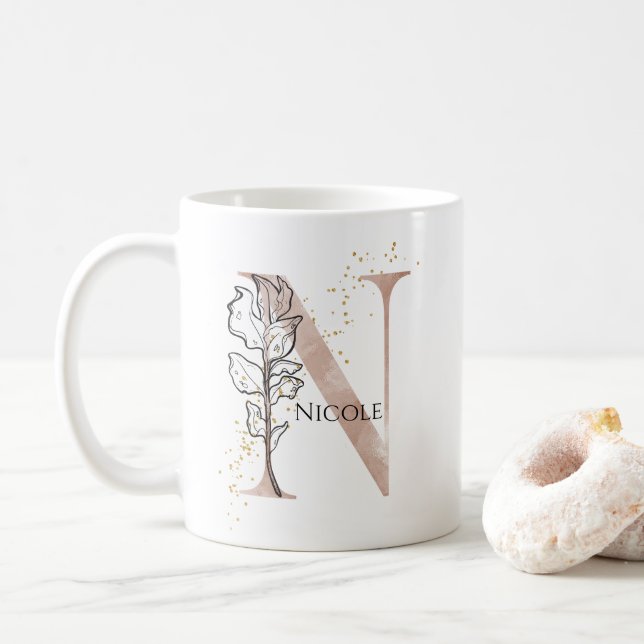 Monogram Initial Modern Letter N Boho Personalised Coffee Mug (With Donut)