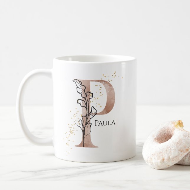 Monogram Initial Modern Letter P Boho Personalised Coffee Mug (With Donut)