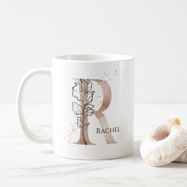 Monogram Initial Modern Letter R Boho Personalised Coffee Mug (With Donut)