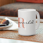 Monogram Initial, my world, Classic Coffee Mug<br><div class="desc">Modern script 'my world' and single monogram initial are featured on this 11oz coffee mug. Large capacity for hot or cold beverages. Easily change the salmon colour initial using the Template provided. Also available in 15oz and other mug styles. See "About This Product" at side for more information.</div>
