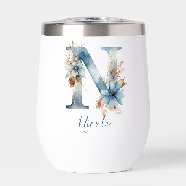 Monogram Initial N Blue Floral Watercolor Gift Her (Front)