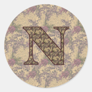 Monogram Initial N Elegant Vintage Floral Classic Round Sticker