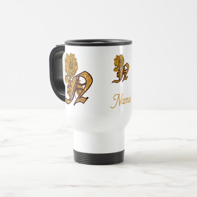 Monogram Initial N Gold Peony Personalised Travel Mug (Front Left)