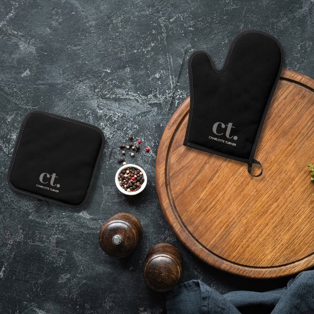 Monogram Initial Name Black  Oven Mitt & Pot Holder Set (monogrammed pot holder and mitt)