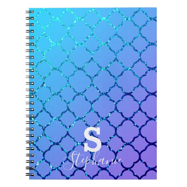Monogram Initial Name Blue Glitter Quatrefoil Cool Notebook (Front)