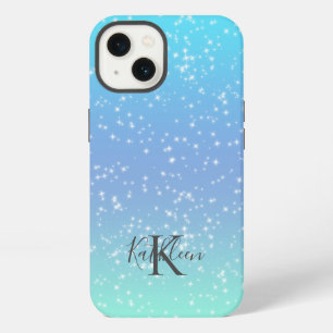Monogram Initial Name Blue Green Sparkle Ombre iPhone 13 Case