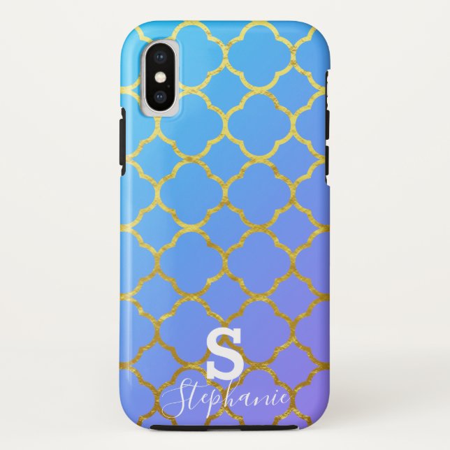 Monogram Initial Name Blue White Gold Foil Ombre Case-Mate iPhone Case (Back)