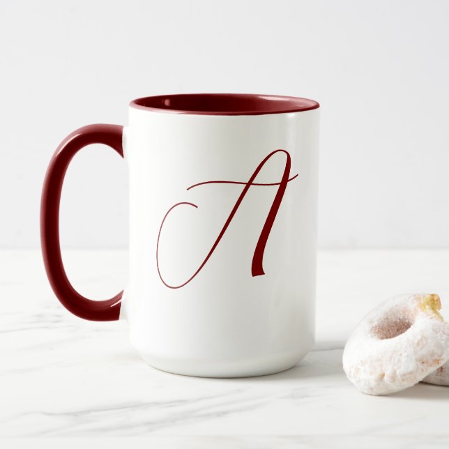 Monogram Initial Name Deep Red White Wedding Gift Mug (With Donut)