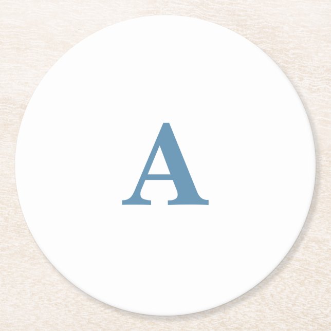 Monogram Initial Name Dusty Blue White Simple Cool Round Paper Coaster (Front)