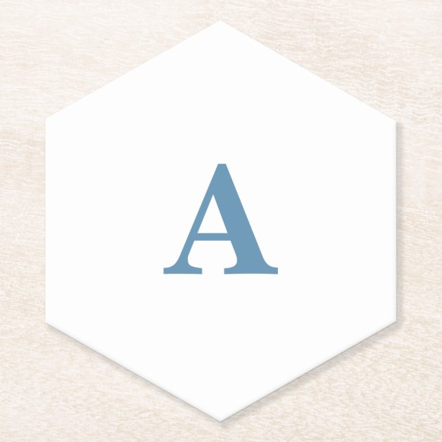 Monogram Initial Name Dusty Blue White Simple Cute Paper Coaster (Front)